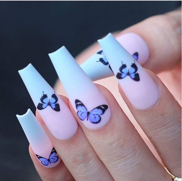 Blue & White Butterfly Nails