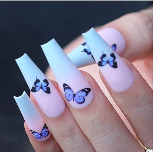 Blue & White Butterfly Nails